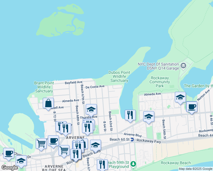 map of restaurants, bars, coffee shops, grocery stores, and more near 62-59 De Costa Avenue in Queens