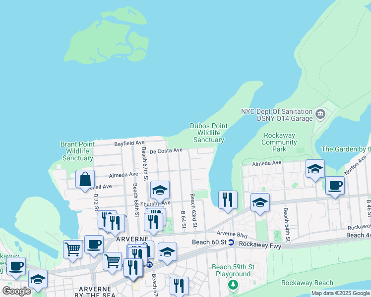 map of restaurants, bars, coffee shops, grocery stores, and more near 62-59 De Costa Avenue in Queens