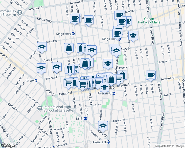 map of restaurants, bars, coffee shops, grocery stores, and more near 1988 West 5th Street in Brooklyn