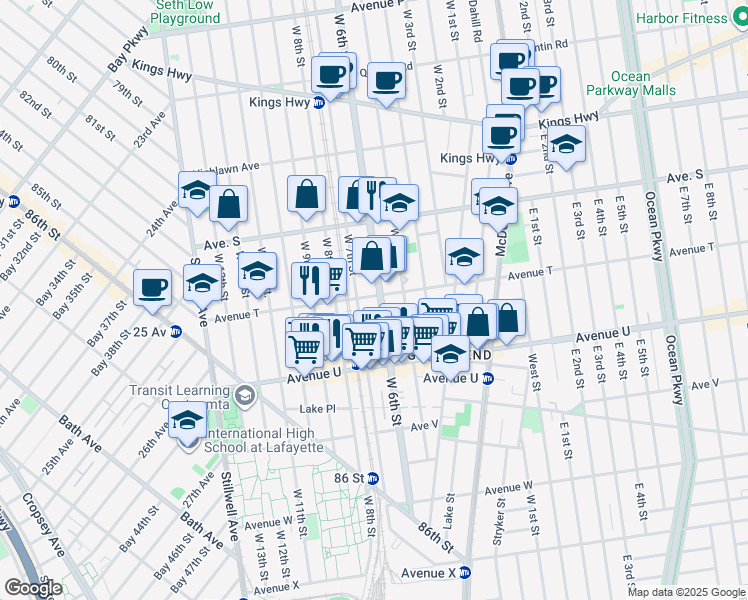 map of restaurants, bars, coffee shops, grocery stores, and more near 181 Avenue T in Brooklyn