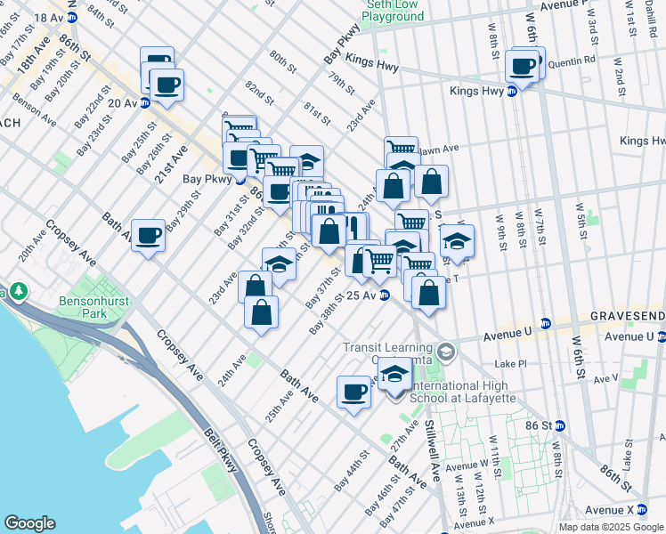map of restaurants, bars, coffee shops, grocery stores, and more near 24th Avenue in Brooklyn