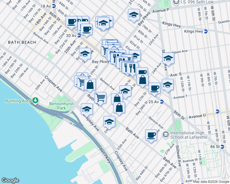 map of restaurants, bars, coffee shops, grocery stores, and more near 2260 Benson Avenue in Brooklyn