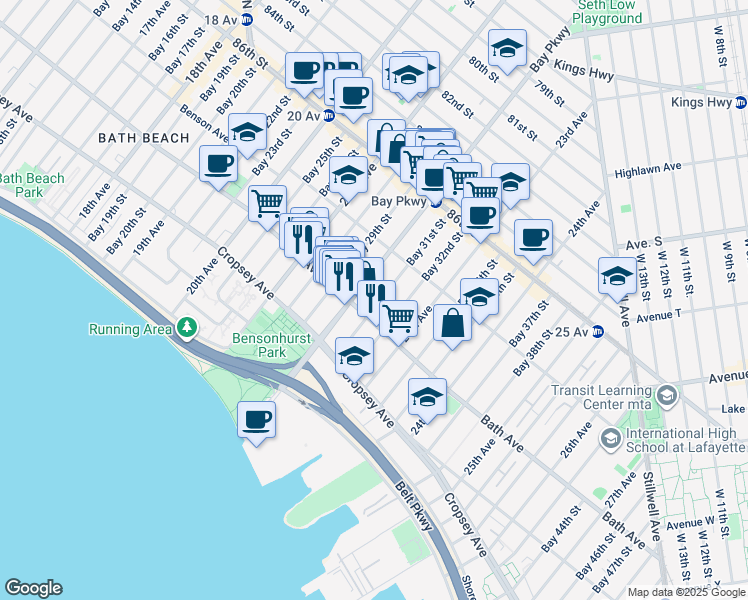 map of restaurants, bars, coffee shops, grocery stores, and more near 8735 Bay Parkway in Brooklyn