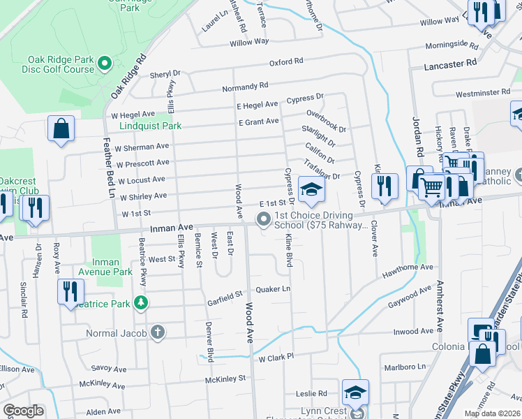 map of restaurants, bars, coffee shops, grocery stores, and more near 38 East 1st Street in Woodbridge Township