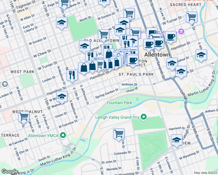 map of restaurants, bars, coffee shops, grocery stores, and more near 1029 Walnut Street in Allentown