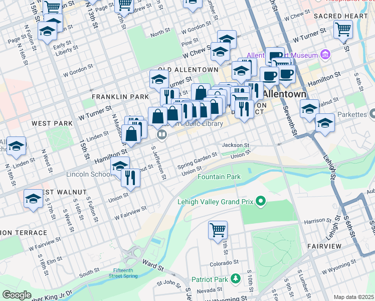 map of restaurants, bars, coffee shops, grocery stores, and more near 1116 West Maple Street in Allentown