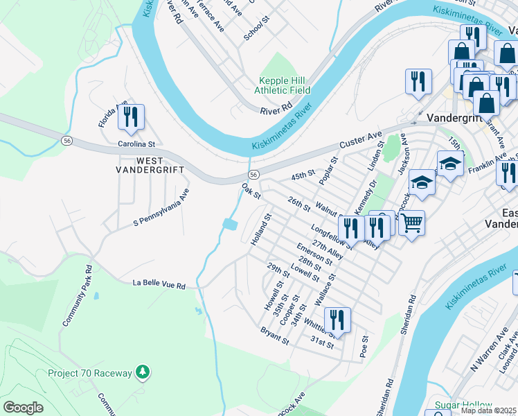 map of restaurants, bars, coffee shops, grocery stores, and more near 617 Oak Street in Vandergrift