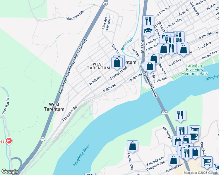 map of restaurants, bars, coffee shops, grocery stores, and more near 301 West 7th Avenue in Tarentum