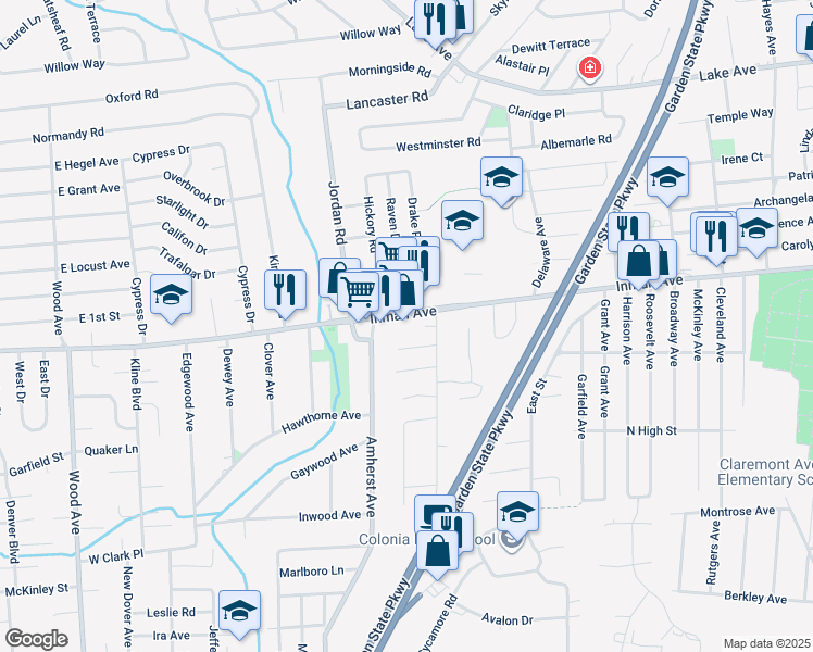 map of restaurants, bars, coffee shops, grocery stores, and more near 464-490 Inman Avenue in Woodbridge Township