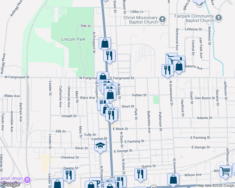 map of restaurants, bars, coffee shops, grocery stores, and more near 601 North State Street in Marion