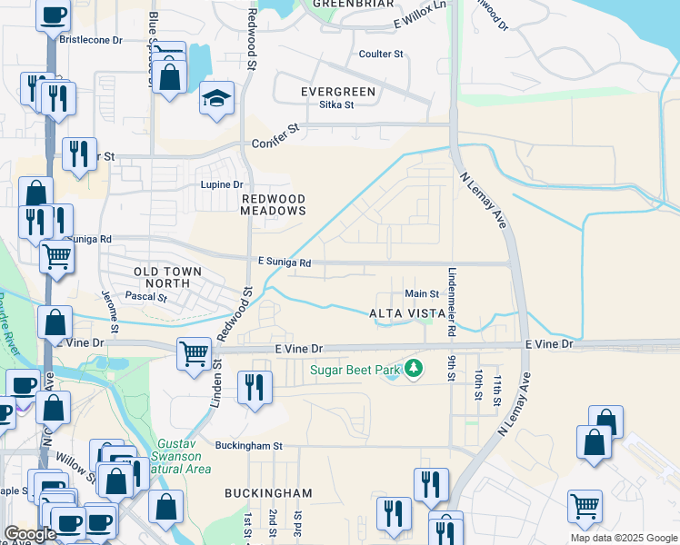 map of restaurants, bars, coffee shops, grocery stores, and more near 808 Mangold Lane in Fort Collins
