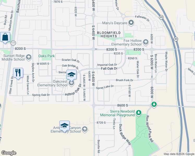 map of restaurants, bars, coffee shops, grocery stores, and more near 6372 Brush Fork Drive in West Jordan