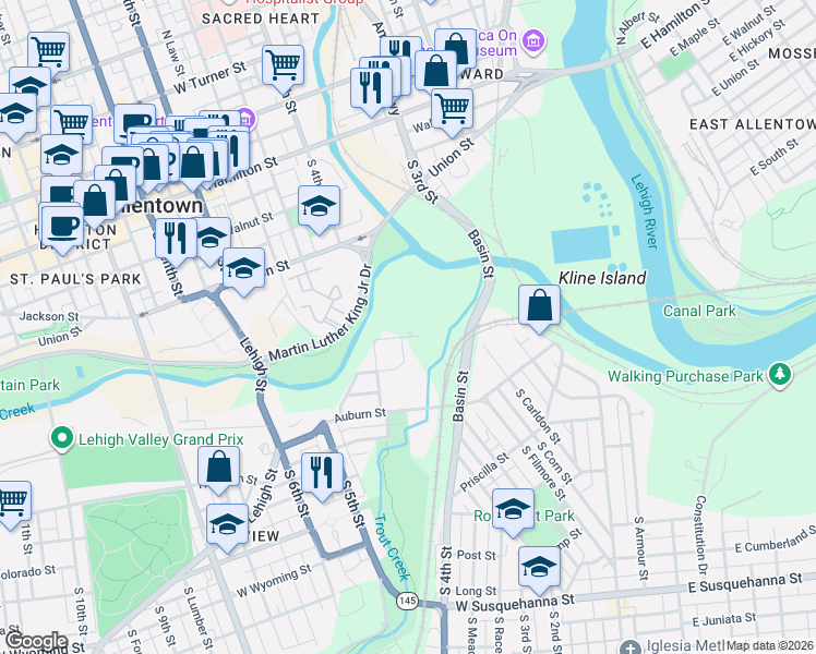map of restaurants, bars, coffee shops, grocery stores, and more near 337 Barber Street in Allentown