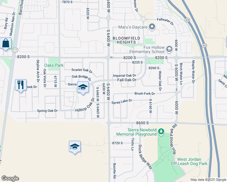 map of restaurants, bars, coffee shops, grocery stores, and more near 6372 Brush Fork Drive in West Jordan