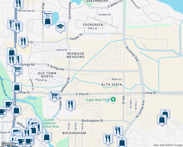 map of restaurants, bars, coffee shops, grocery stores, and more near 802 Mangold Lane in Fort Collins