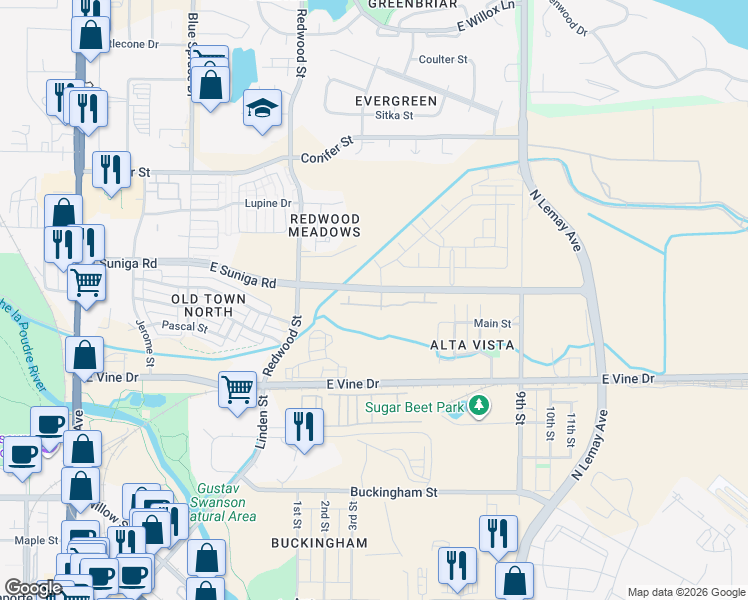 map of restaurants, bars, coffee shops, grocery stores, and more near 728 Mangold Lane in Fort Collins