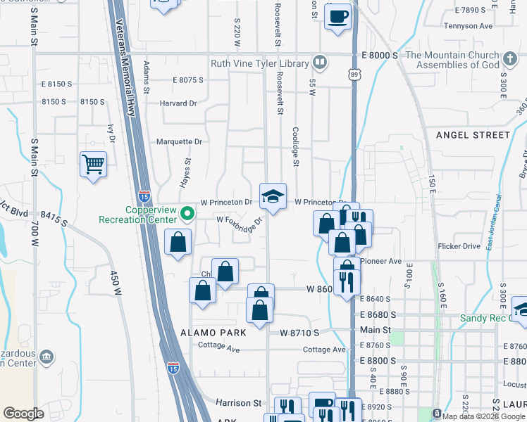 map of restaurants, bars, coffee shops, grocery stores, and more near 179 8375 South in Midvale