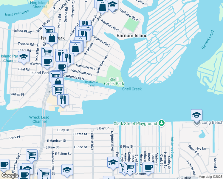 map of restaurants, bars, coffee shops, grocery stores, and more near 4525 Brennan Place in Island Park