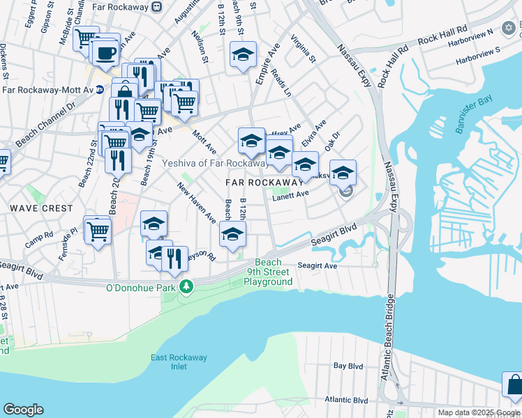 map of restaurants, bars, coffee shops, grocery stores, and more near 354 Beach 9th Street in Queens