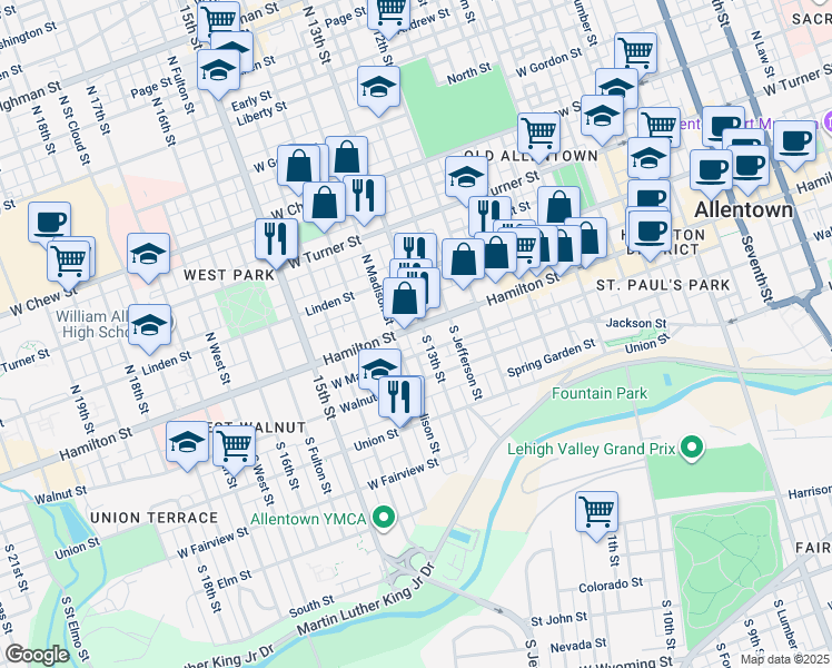 map of restaurants, bars, coffee shops, grocery stores, and more near 1310 Hamilton Street in Allentown