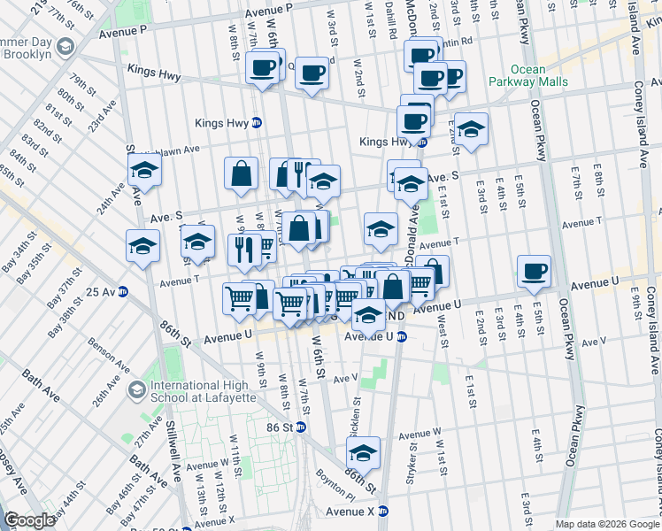 map of restaurants, bars, coffee shops, grocery stores, and more near 1988 West 5th Street in Brooklyn