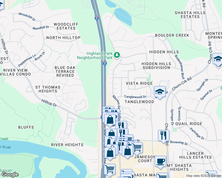 map of restaurants, bars, coffee shops, grocery stores, and more near 694 Mission De Oro Drive in Redding