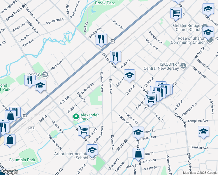 map of restaurants, bars, coffee shops, grocery stores, and more near 320 Evona Avenue in Plainfield
