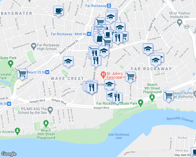 map of restaurants, bars, coffee shops, grocery stores, and more near 496 Beach 20th Street in Queens