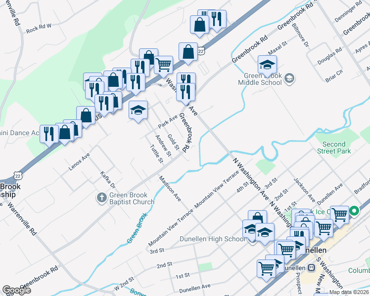map of restaurants, bars, coffee shops, grocery stores, and more near 111 Greenbrook Road in Green Brook Township