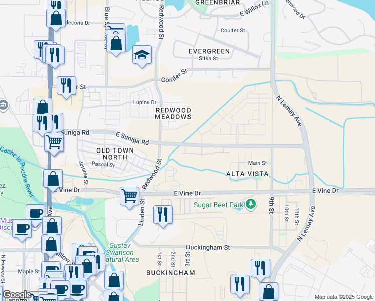 map of restaurants, bars, coffee shops, grocery stores, and more near 716 Mangold Lane in Fort Collins