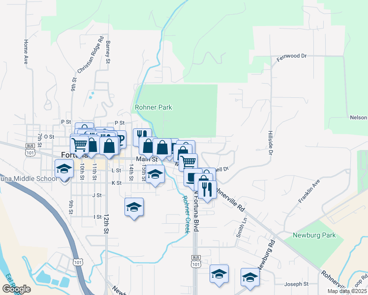 map of restaurants, bars, coffee shops, grocery stores, and more near 906 Park Heights Court in Fortuna