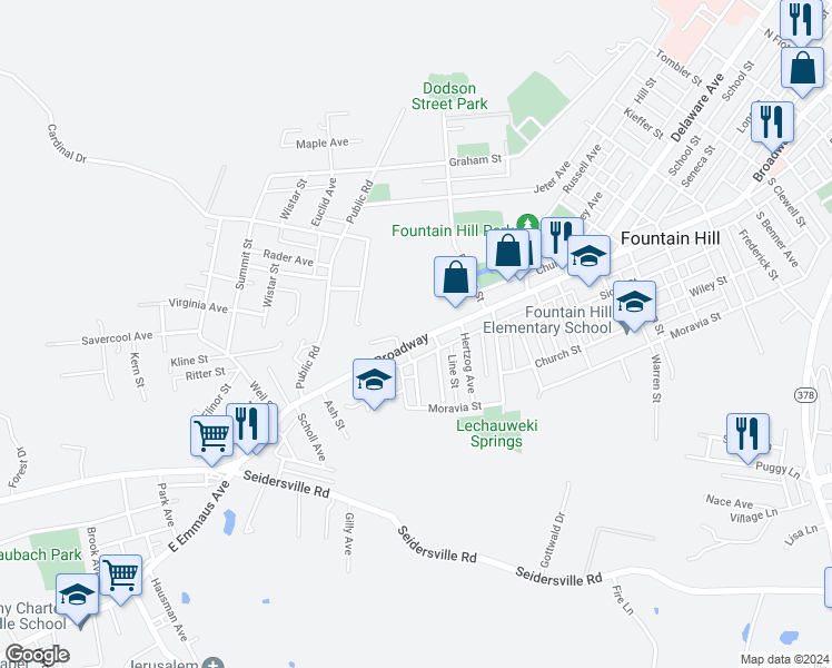 map of restaurants, bars, coffee shops, grocery stores, and more near 1559 Broadway in Bethlehem