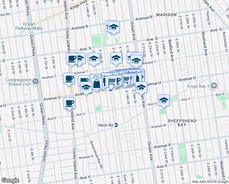 map of restaurants, bars, coffee shops, grocery stores, and more near 735 Avenue U in Brooklyn