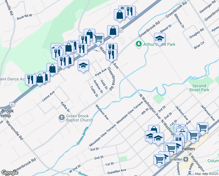 map of restaurants, bars, coffee shops, grocery stores, and more near 114 Greenbrook Road in Green Brook Township