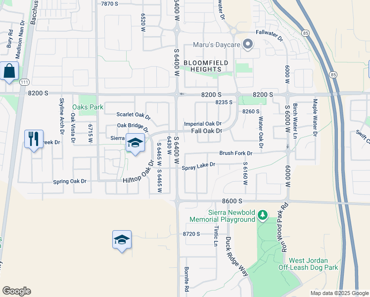 map of restaurants, bars, coffee shops, grocery stores, and more near 6372 Brush Fork Drive in West Jordan