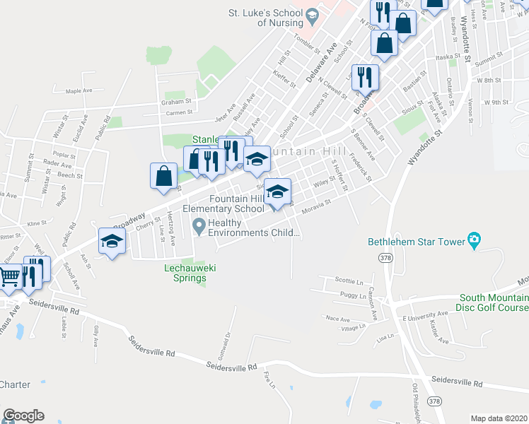 map of restaurants, bars, coffee shops, grocery stores, and more near 1329 Church Street in Bethlehem