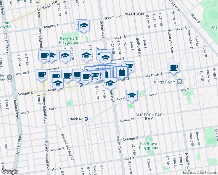 map of restaurants, bars, coffee shops, grocery stores, and more near 2566 Ocean Avenue in Brooklyn