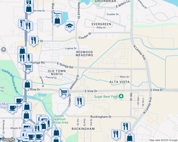 map of restaurants, bars, coffee shops, grocery stores, and more near 710 Mangold Lane in Fort Collins