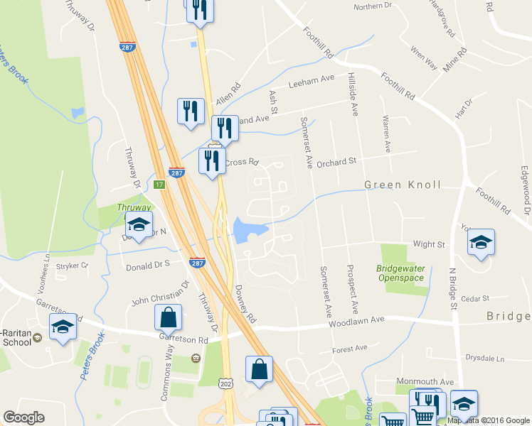 map of restaurants, bars, coffee shops, grocery stores, and more near 153 Bonney Court in Bridgewater Township