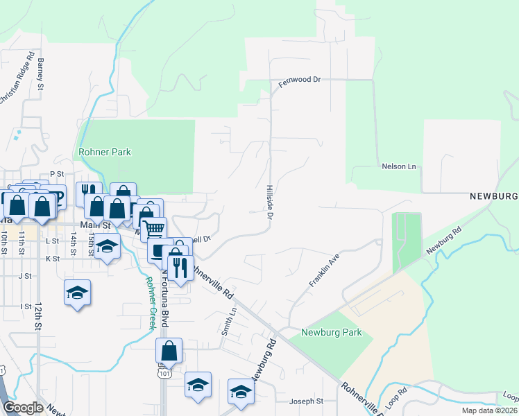map of restaurants, bars, coffee shops, grocery stores, and more near 2395 Hillside Drive in Fortuna