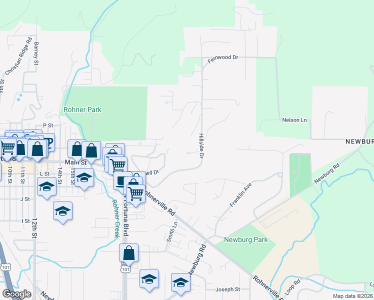 map of restaurants, bars, coffee shops, grocery stores, and more near 2395 Hillside Drive in Fortuna