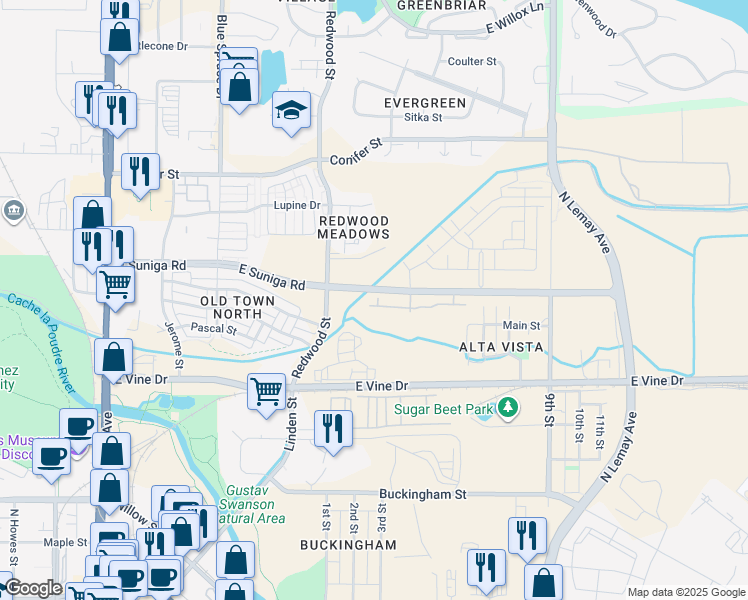 map of restaurants, bars, coffee shops, grocery stores, and more near 901 Sundrop Circle in Fort Collins