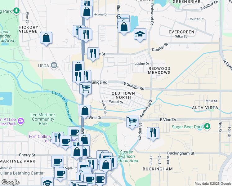map of restaurants, bars, coffee shops, grocery stores, and more near 909 Blondel Street in Fort Collins