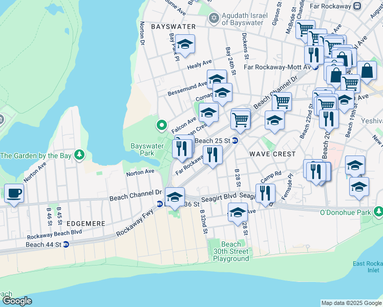map of restaurants, bars, coffee shops, grocery stores, and more near 2959 Beach Channel Drive in Queens