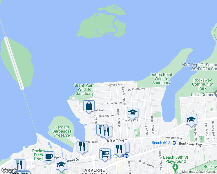 map of restaurants, bars, coffee shops, grocery stores, and more near 68-17 Bayfield Avenue in Queens