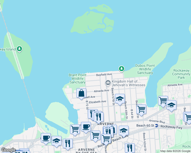 map of restaurants, bars, coffee shops, grocery stores, and more near 69-32 Bayfield Avenue in Queens