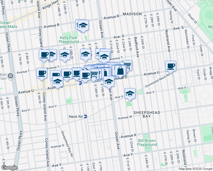 map of restaurants, bars, coffee shops, grocery stores, and more near 1928 Avenue U in Brooklyn