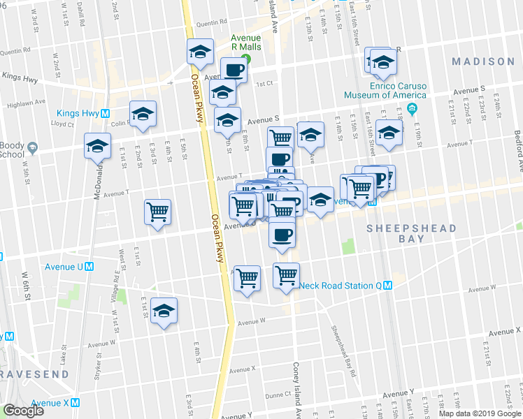 map of restaurants, bars, coffee shops, grocery stores, and more near 2050 East 8th Street in Brooklyn