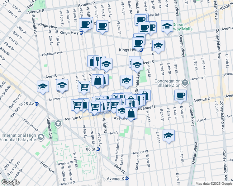 map of restaurants, bars, coffee shops, grocery stores, and more near 332 Avenue T in Brooklyn
