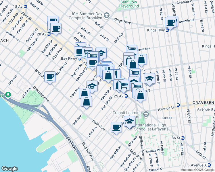map of restaurants, bars, coffee shops, grocery stores, and more near 24th Avenue in Brooklyn